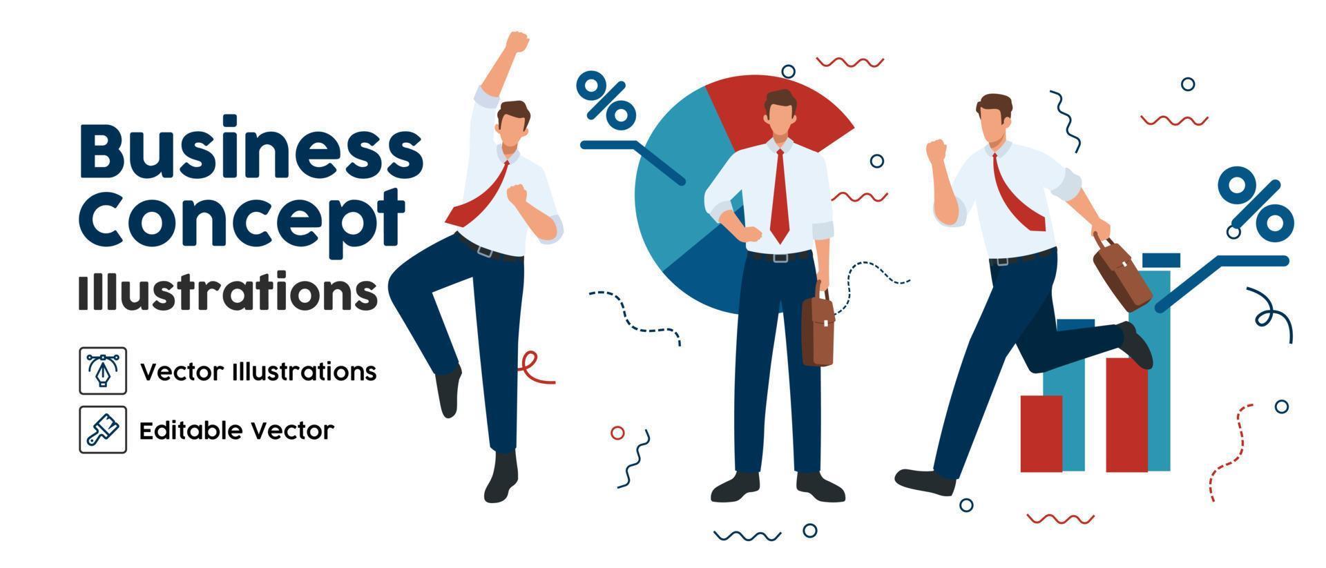 Business Concept illustrations. set Collection of scenes with men taking part in business analysis activities. Vector illustration