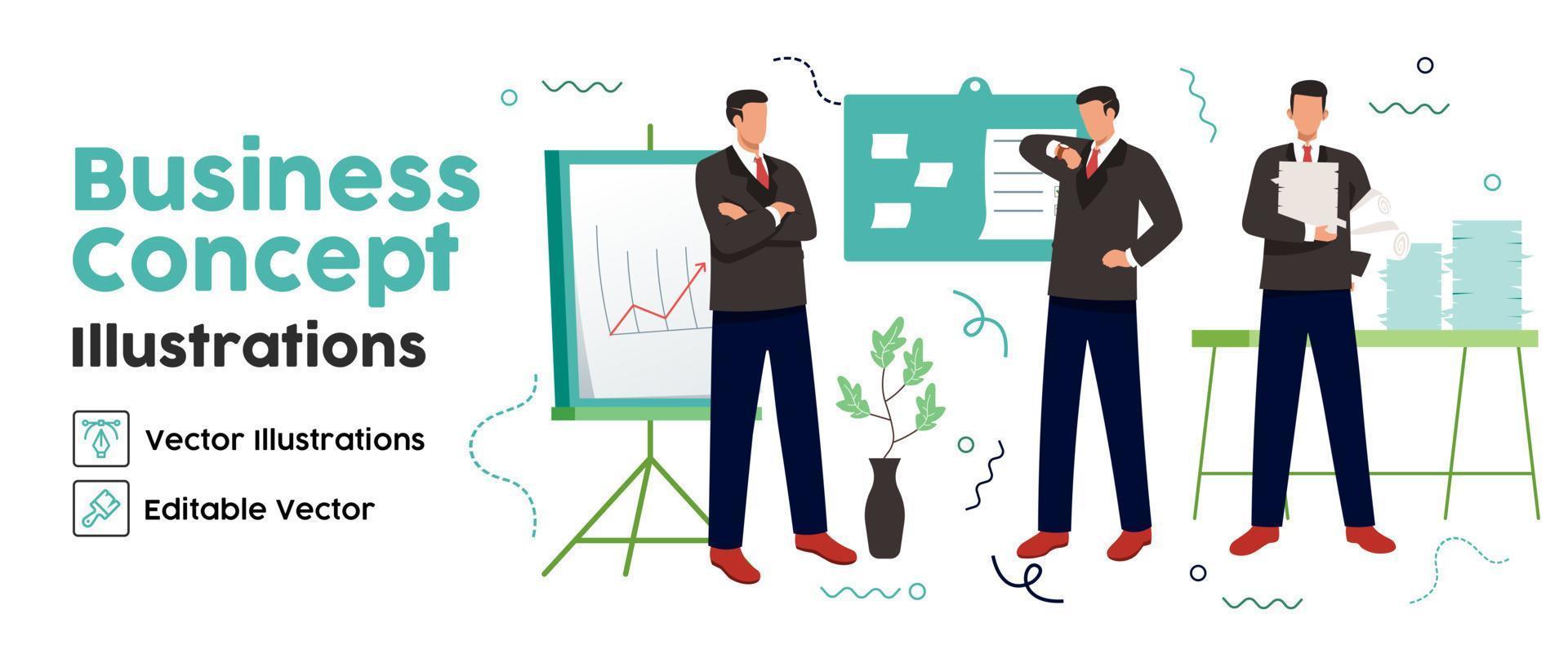 Business Concept illustrations. set Collection of scenes with men taking part in business activities. Vector illustration