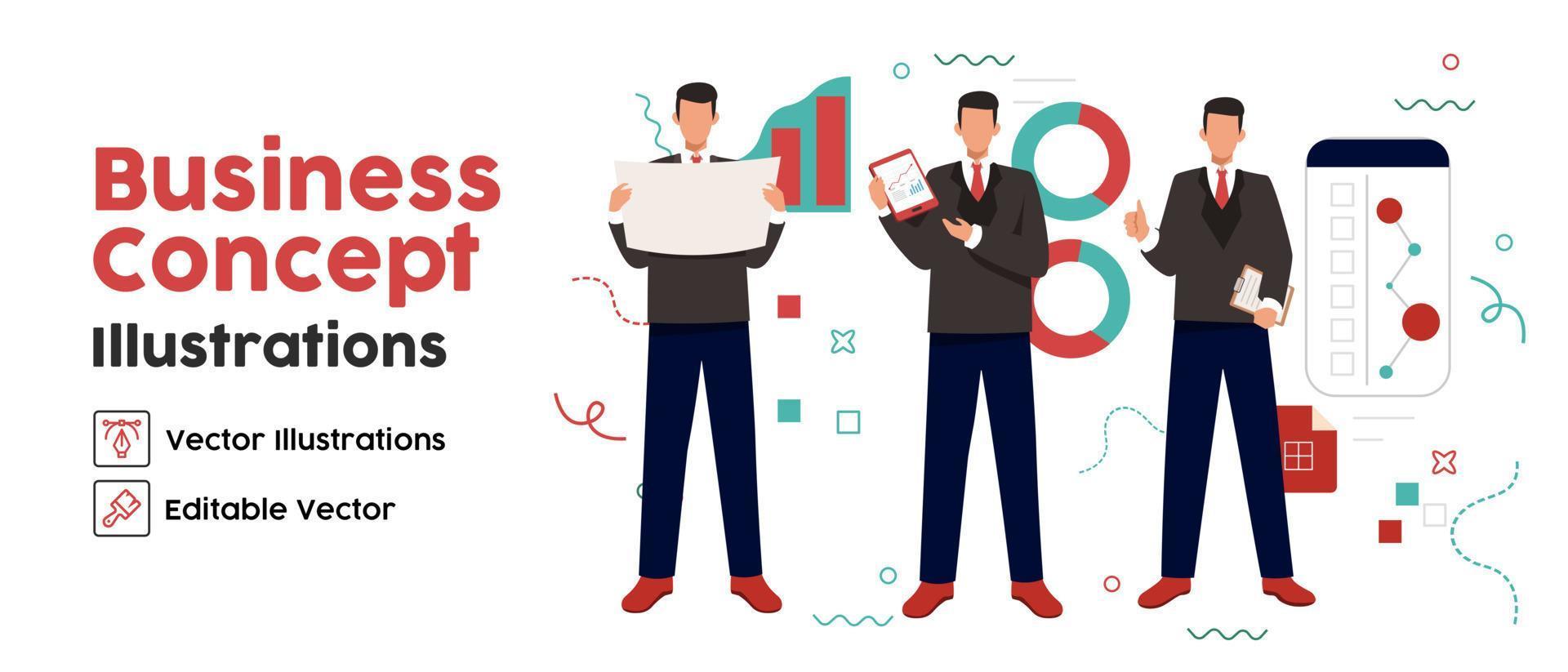 Business Concept illustrations. set Collection of scenes with men taking part in business presentation activities. Vector illustration