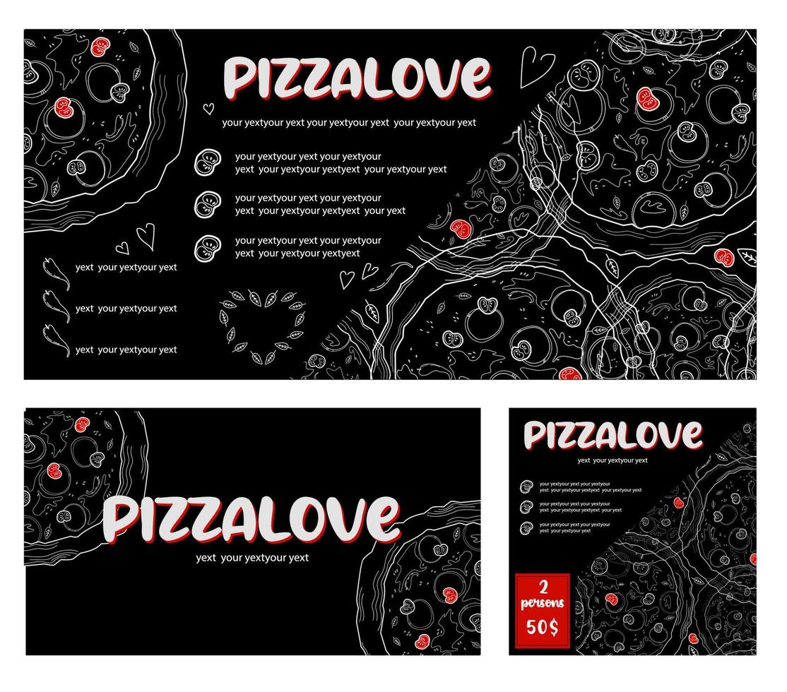 Banner for advertising pizza. Pizza menu. Pizzeria flyer discount. Dark trendy modern design for social media and print vector