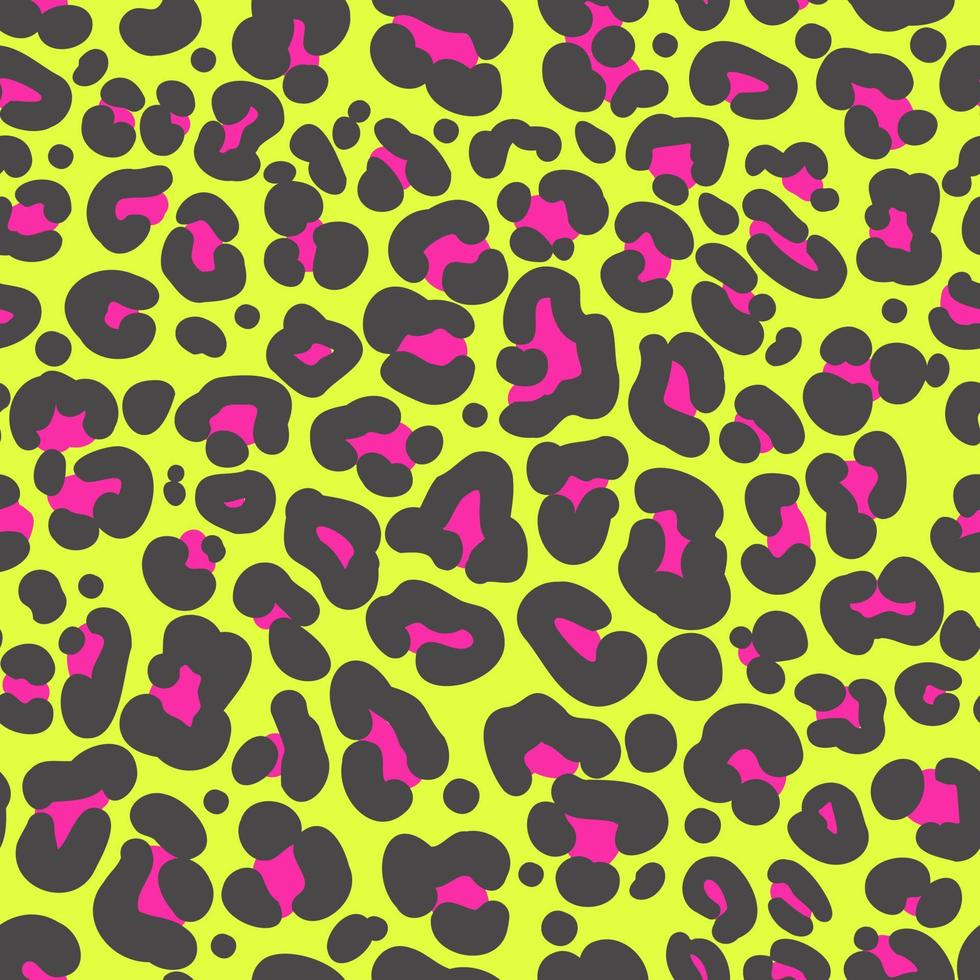 Leopard print seamless pattern. Neon cheetah skin 80 90s design. Black and pink spots on bright yellow background. Vector