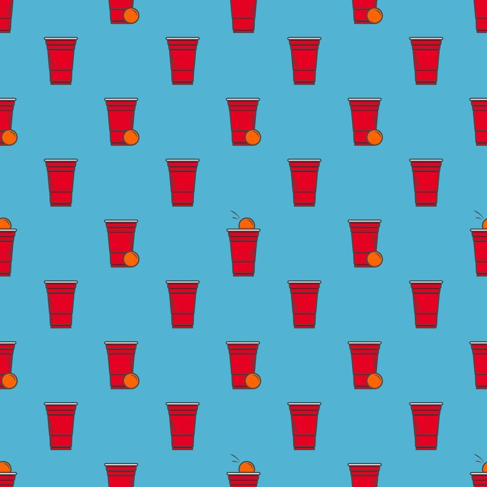 Beer pong seamless pattern. Red plastic cups on blue background. Famous
