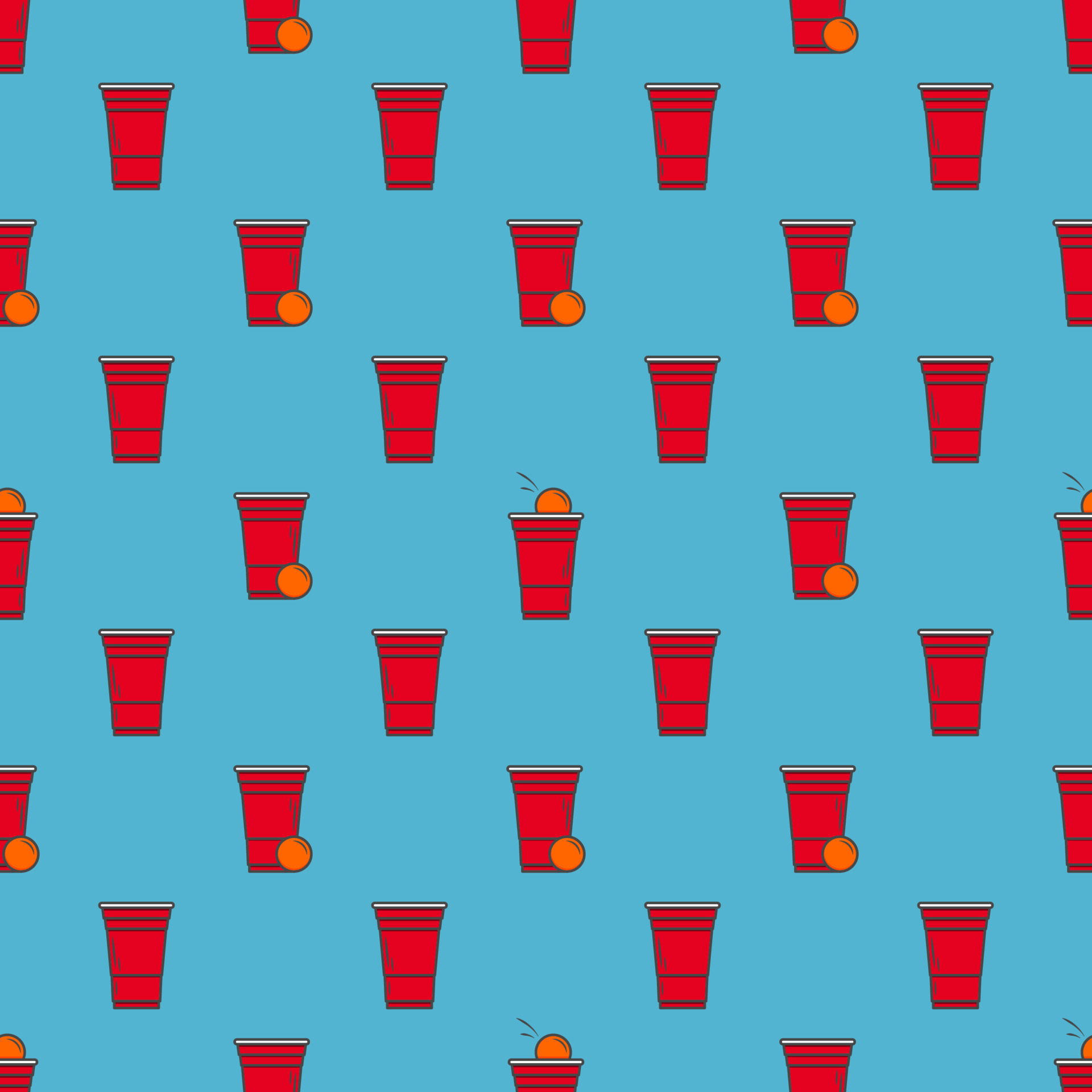 Beer pong seamless pattern. Red plastic cups on blue background. Famous