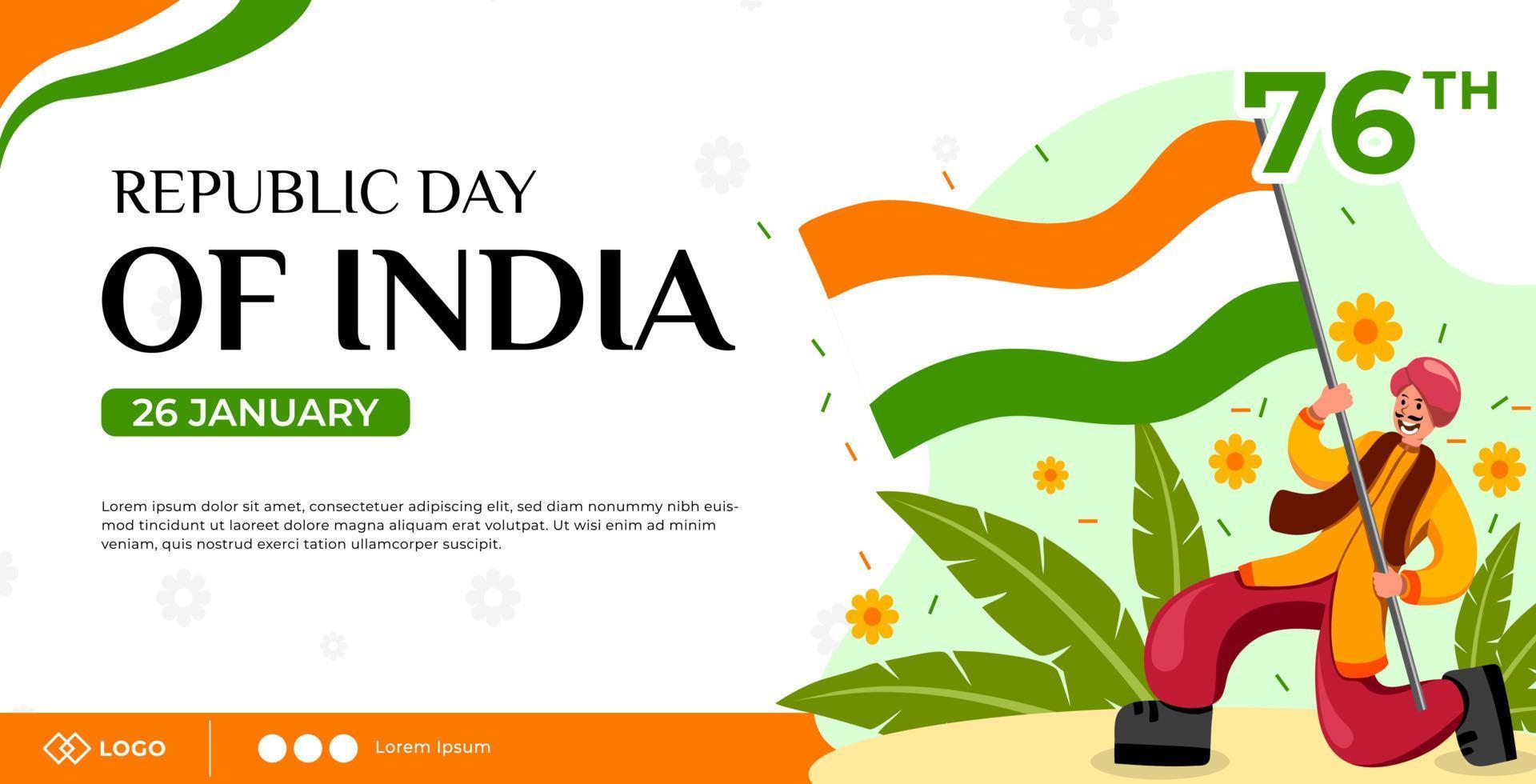 Republic day celebration horizontal banner template. Indian Man waving flag illustration vector