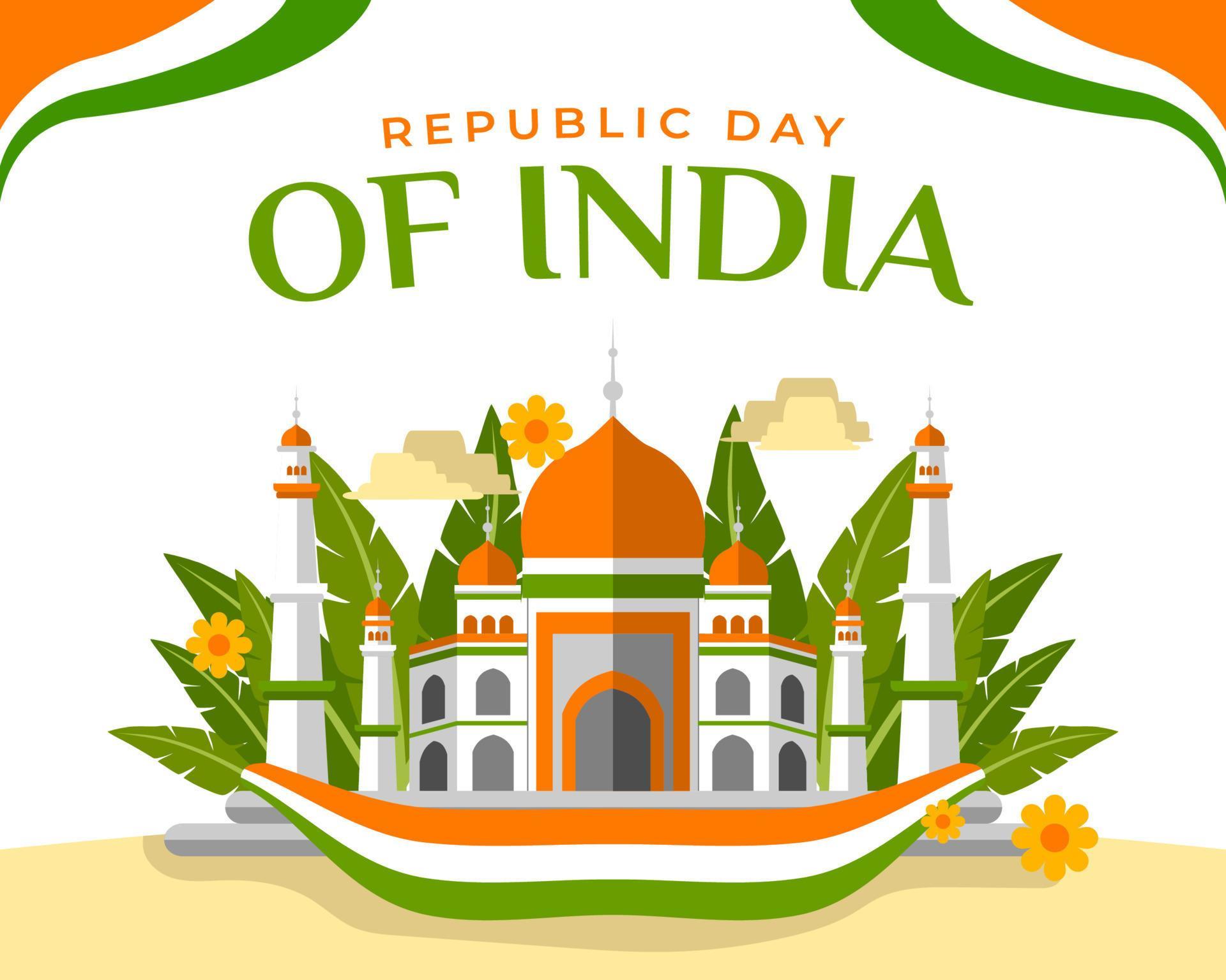 India National Day with Taj Mahal front view illustration. Republic Day