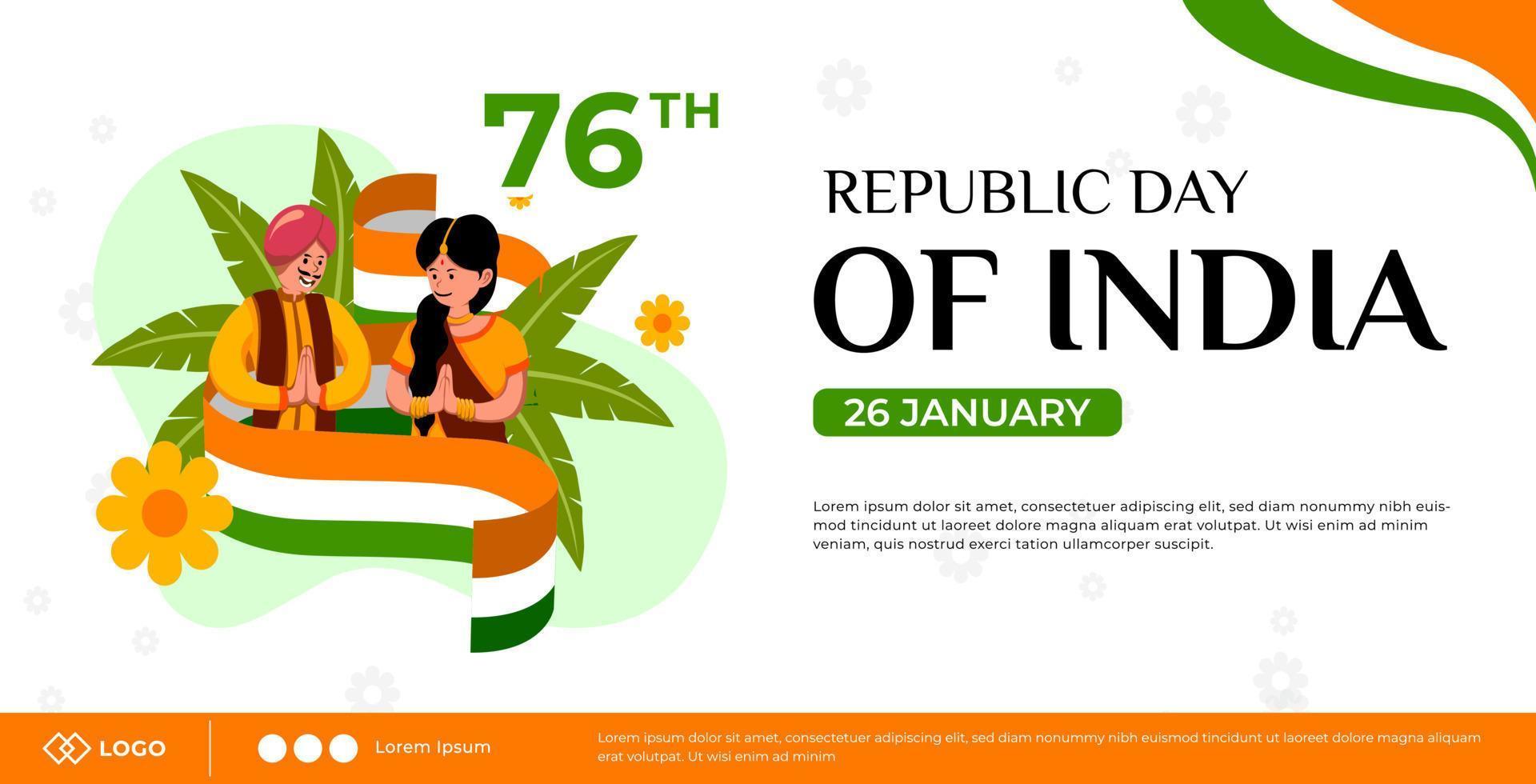 plantilla de banner horizontal de celebración del día de la república. ilustración de saludo de hombre y mujer indios vector