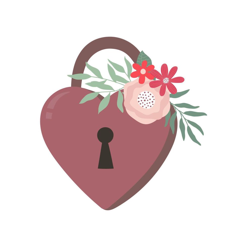 cerradura en forma de corazón con ramo de flores. concepto de día de san valentín. elemento de diseño para tarjeta de felicitación, invitación, impresión, afiche, pancarta. vector