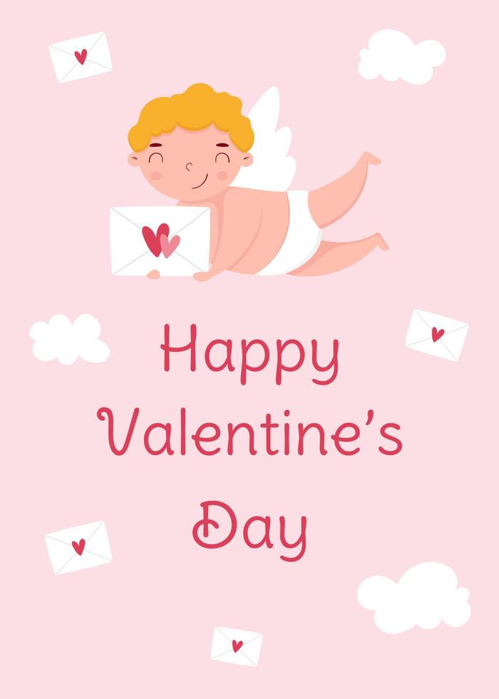 tarjeta de felicitación del día de san valentín con lindo cupido, sobres y nubes. plantilla para tarjeta de felicitación, invitación, afiche, pancarta, etiqueta de regalo. vector