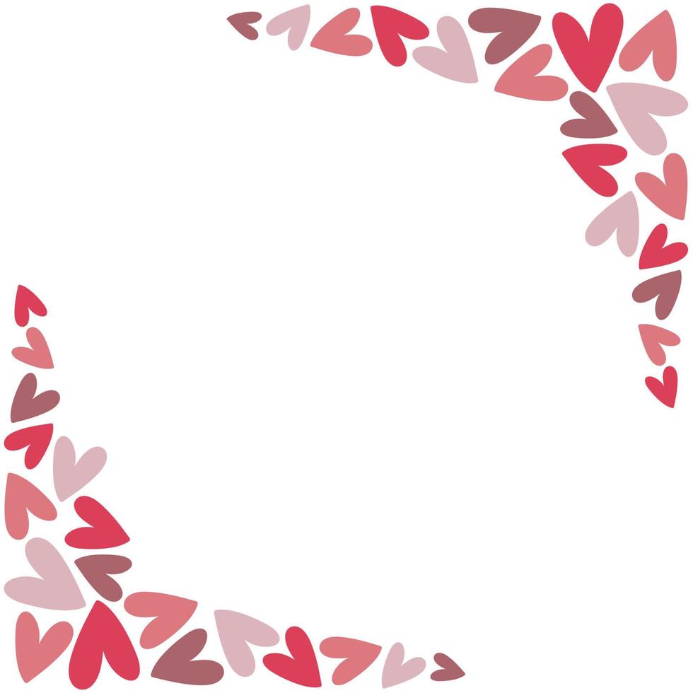Frame with pink and purple hearts on white background. Hand drawn doodle style vector