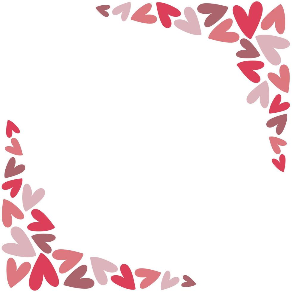 Frame with pink and purple hearts on white background. Hand drawn doodle style vector