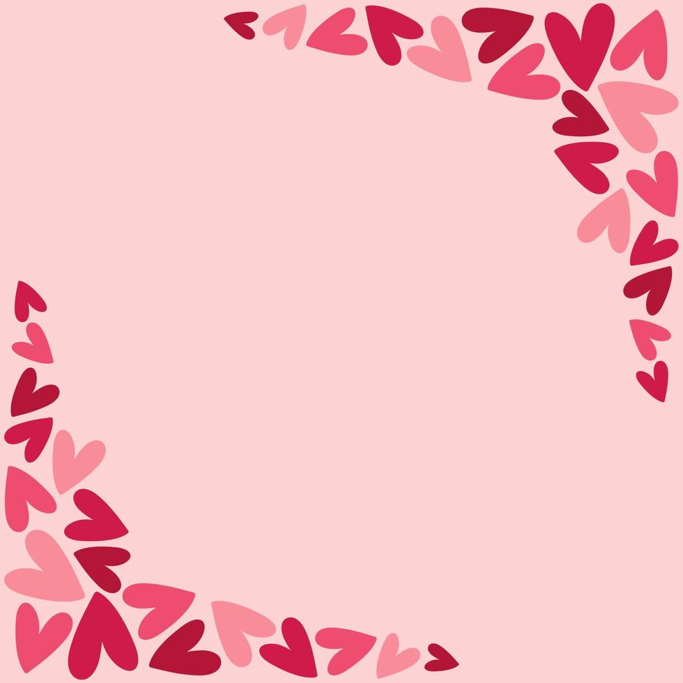 Frame with pink and red hearts on pink background. Hand drawn doodle style vector