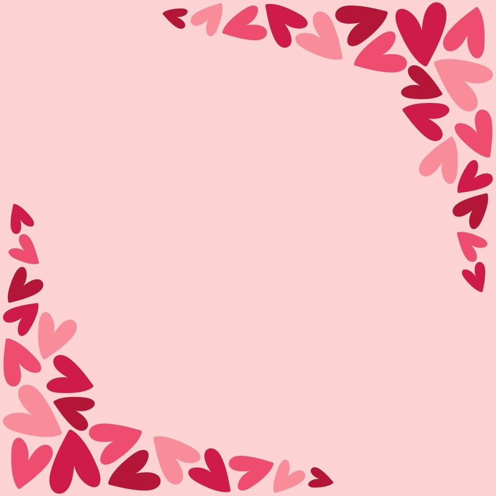 Frame with pink and red hearts on pink background. Hand drawn doodle style vector