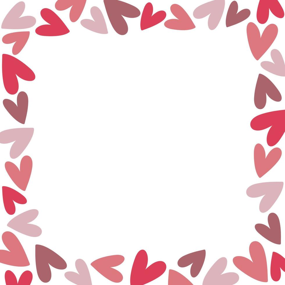 Square frame with pink and purple hearts on white background. Hand drawn doodle style vector