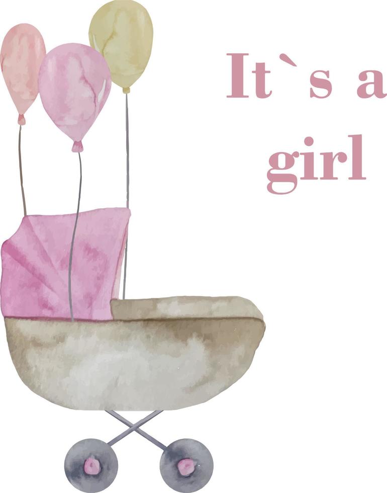 Watercolor baby girl pink stroller with balloons illustration. Its a girl set vector