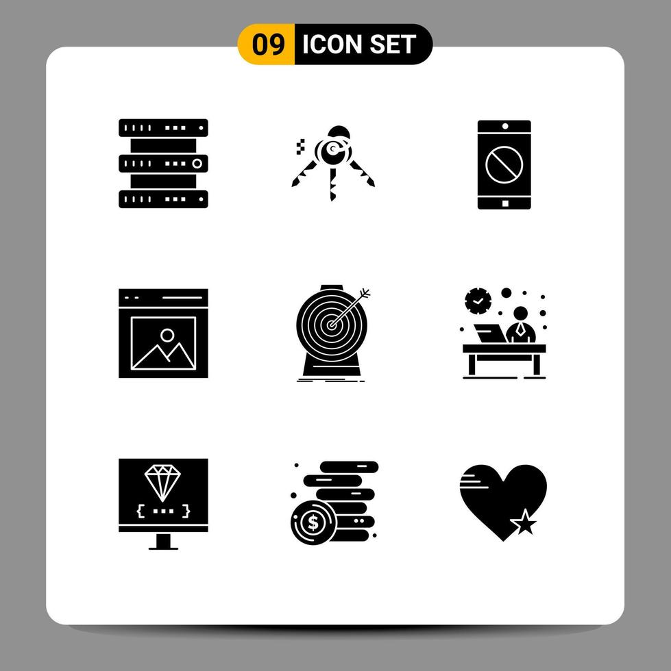 Universal Icon Symbols Group of 9 Modern Solid Glyphs of goal aim disabled mobile user interface Editable Vector Design Elements