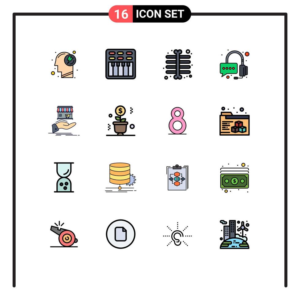 paquete de 16 líneas llenas de colores planos modernos, signos y símbolos para medios de impresión web, como elementos de diseño de vectores creativos editables para operadores de tiendas de cofres en línea