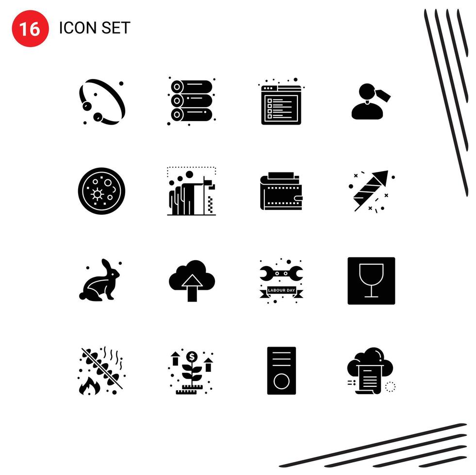 paquete de 16 signos y símbolos de glifos sólidos modernos para medios de impresión web, como elementos de diseño de vectores editables de etiquetas de melena de navegador de trabajo de vida