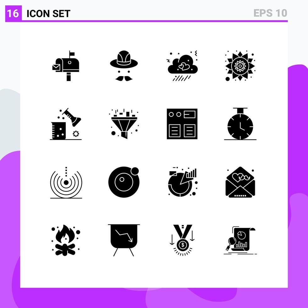 Pack of 16 Modern Solid Glyphs Signs and Symbols for Web Print Media such as science of matter chemistry fall chemical science pattern Editable Vector Design Elements