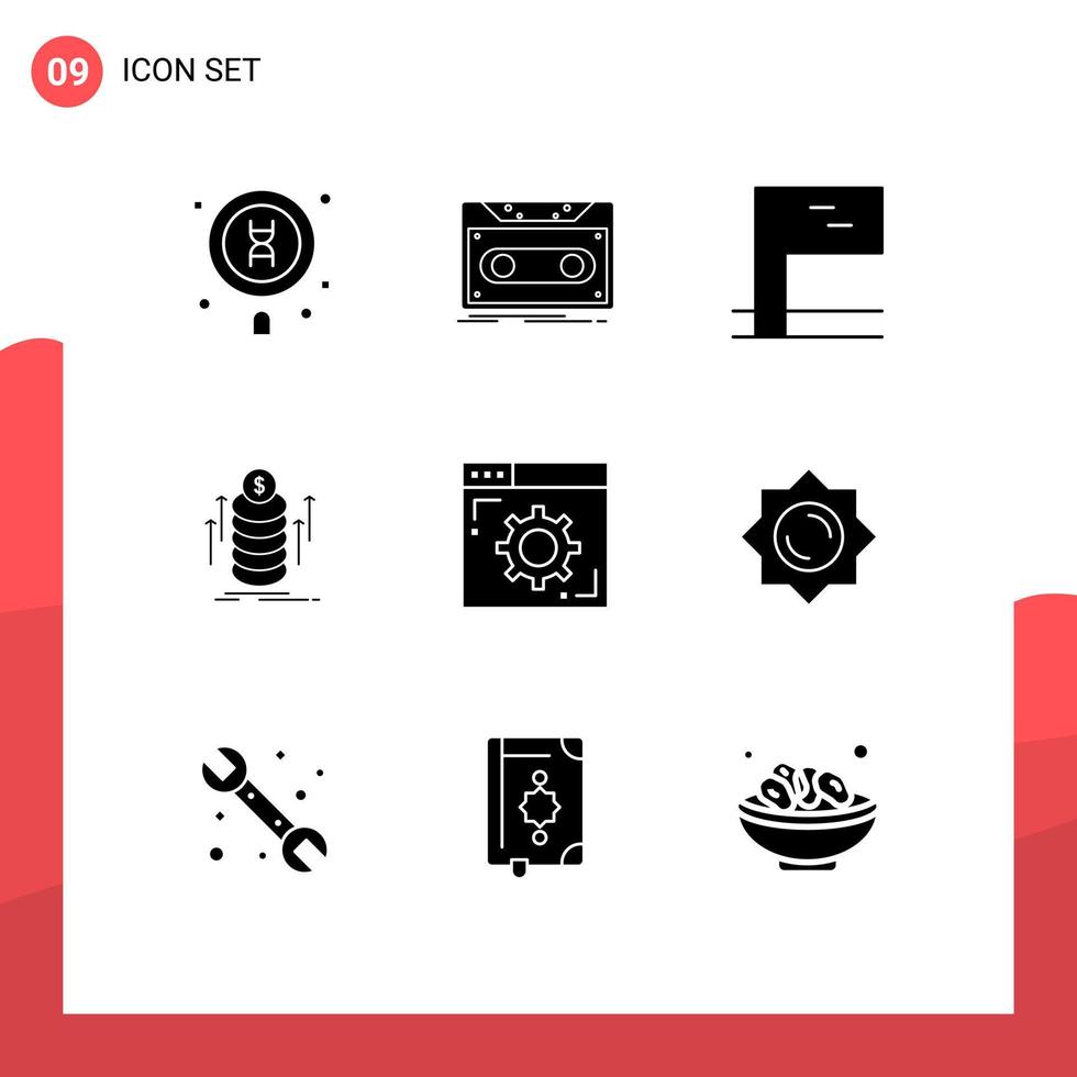 Modern Set of 9 Solid Glyphs and symbols such as internet coins tape transfer money Editable Vector Design Elements