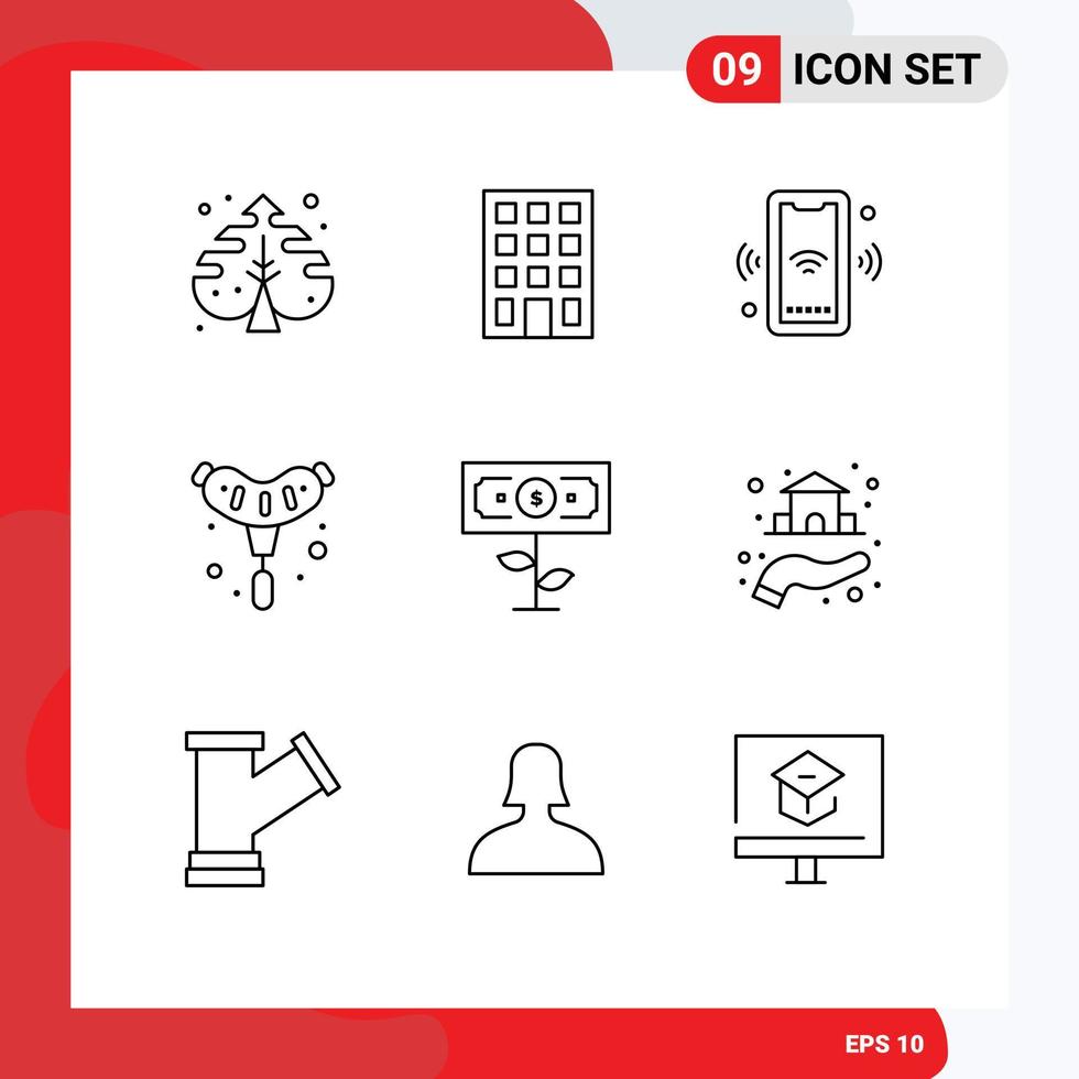 9 User Interface Outline Pack of modern Signs and Symbols of money sausage signal grill bbq Editable Vector Design Elements