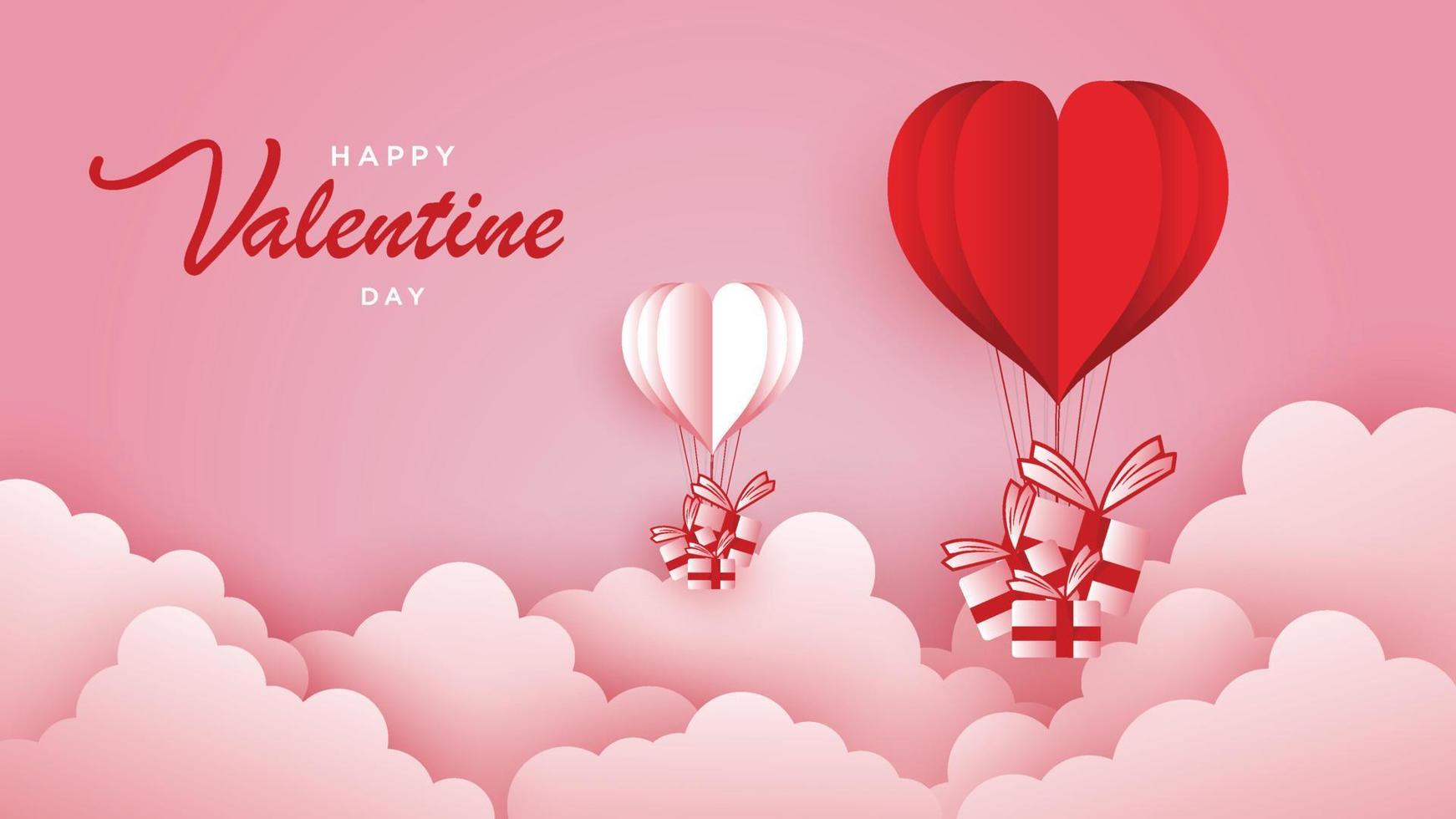 Happy Valentine's day with pink sky and paper cut clouds. vector