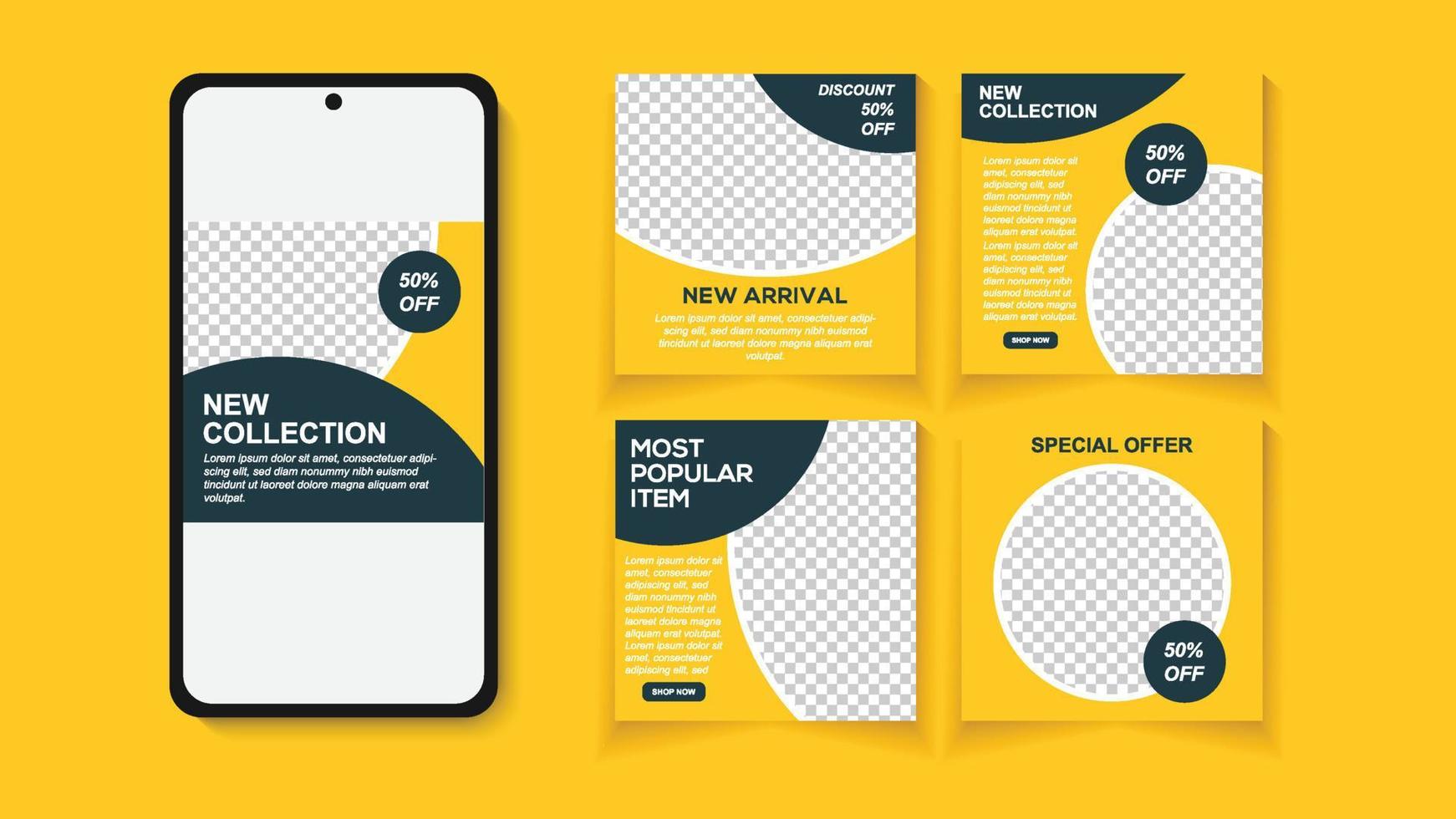 Set of Social Media Post, Blue dark and yellow background color with stripe line shape. Suitable for social media post and web internet ads. Vector illustration with photo college
