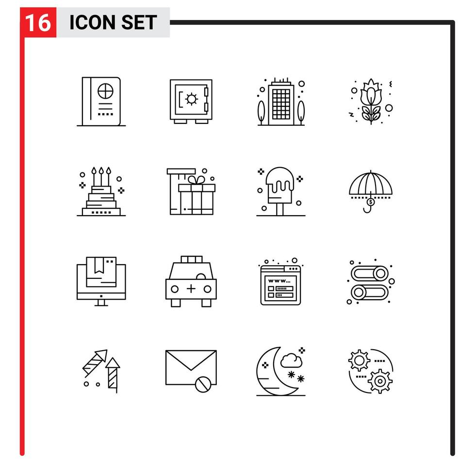 16 User Interface Outline Pack of modern Signs and Symbols of event cake business rose flower Editable Vector Design Elements