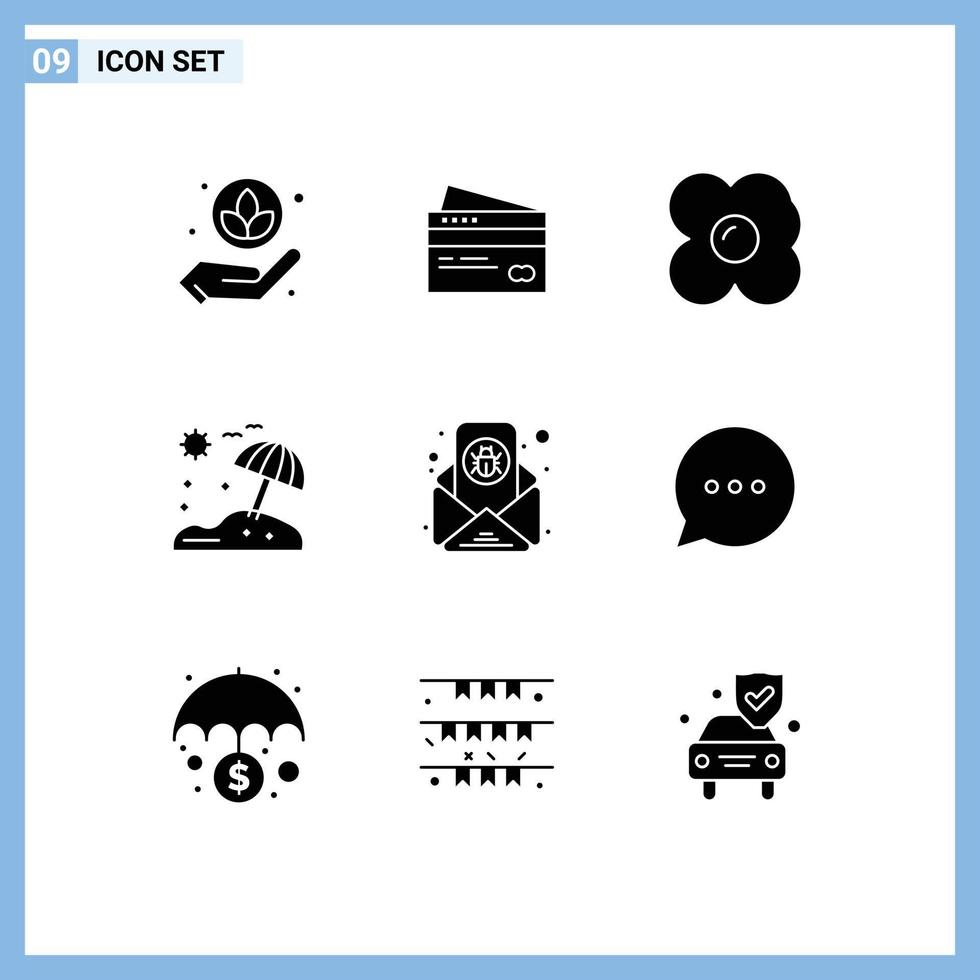 9 Thematic Vector Solid Glyphs and Editable Symbols of bug umbrella finance beach kitchen Editable Vector Design Elements