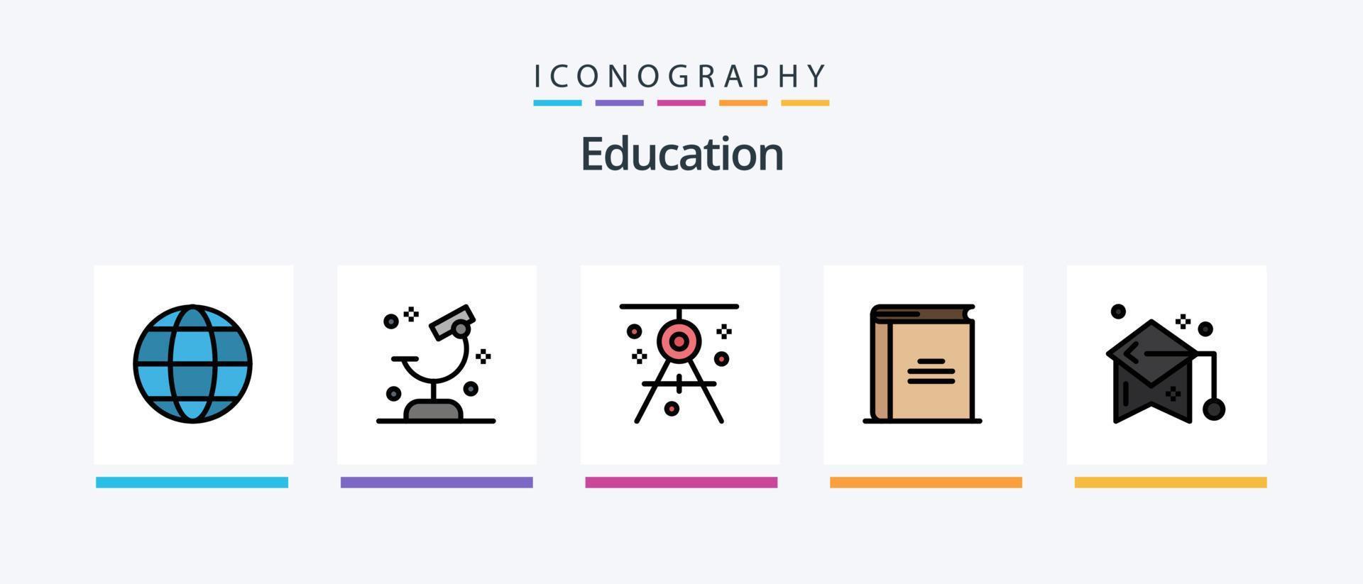 la línea de educación llenó el paquete de 5 iconos, incluida la educación. manzana. tocar. sala de deporte. vestuario. diseño de iconos creativos vector