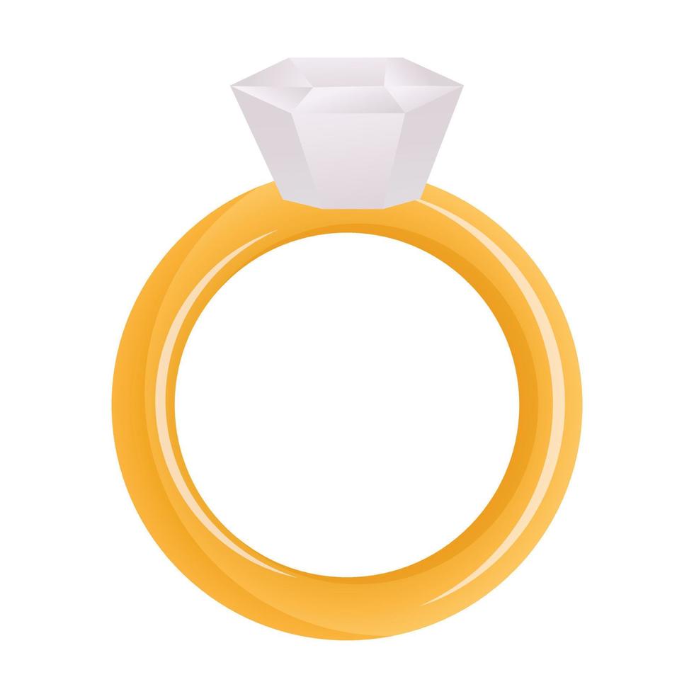 Vector isolated flat icon. Gold engagement ring with diamond or gemstone. Shimmering expensive luxury wedding jewelry.