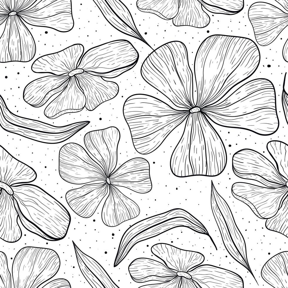 Vector seamless line art pattern. Black and white flower buds with large petals and leaves in an outline style. Doodle background with specks and lines.
