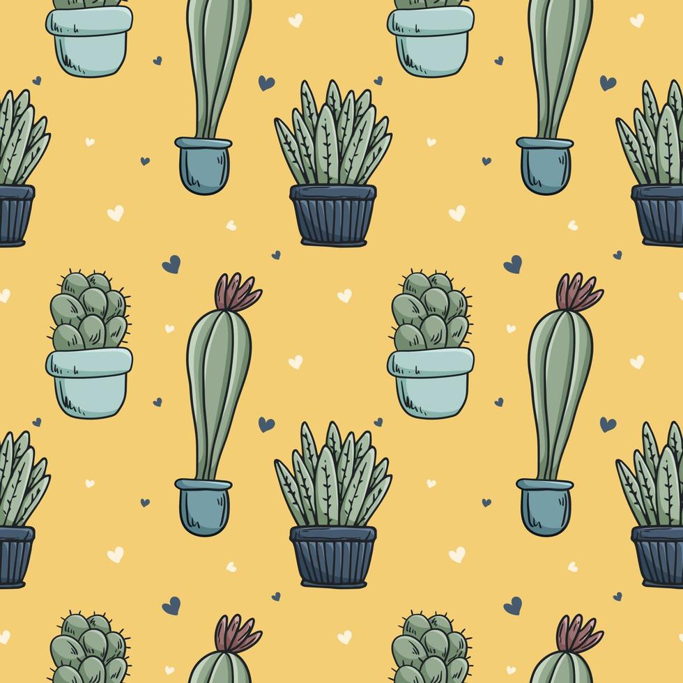 Vector seamless pattern with doodle illustrations of house cacti in pots.