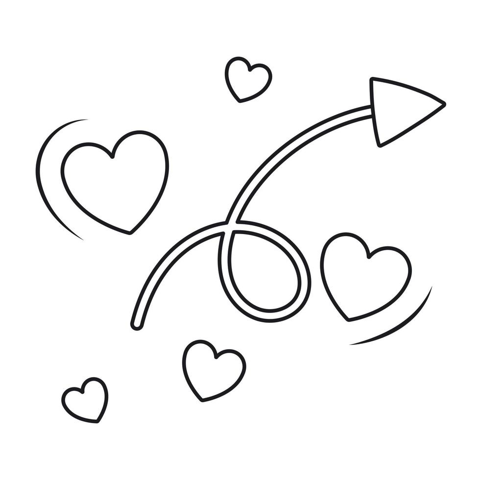 Simple vector black and white icon. Cupid arrow with a curl and flying hearts. Sticker for Valentine Day, representing love, relationships, marriage.