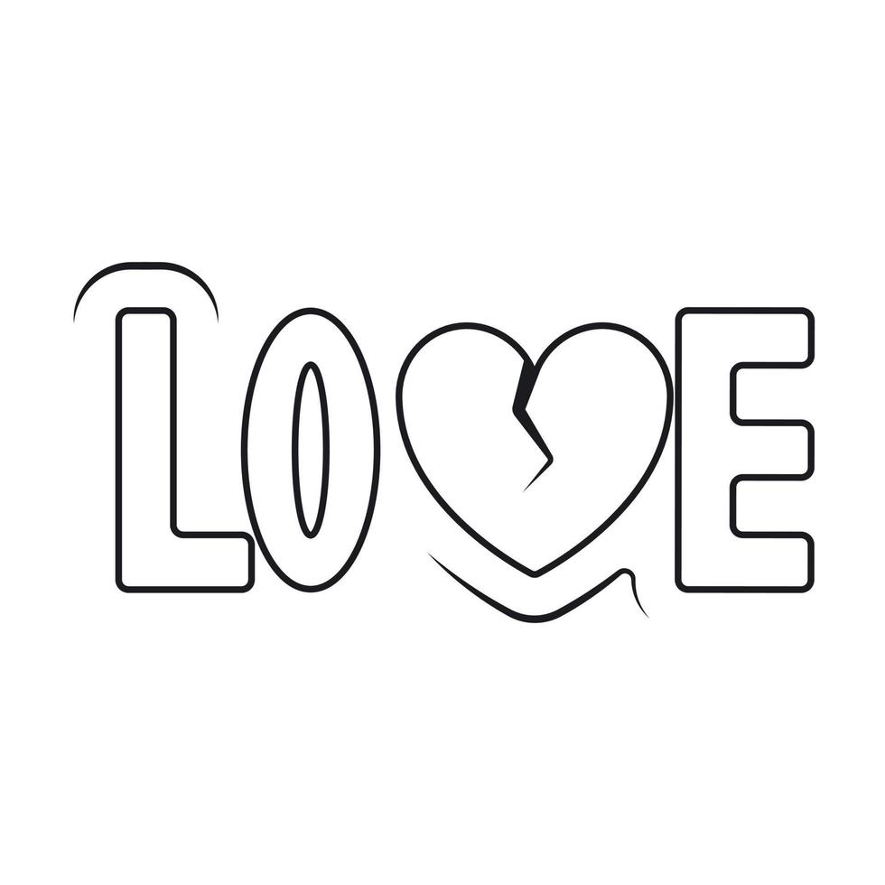 Vector isolated illustration on white background. The word love is written in large, wide letters. Broken heart icon. A crack as a symbol of a break, an end to a relationship.