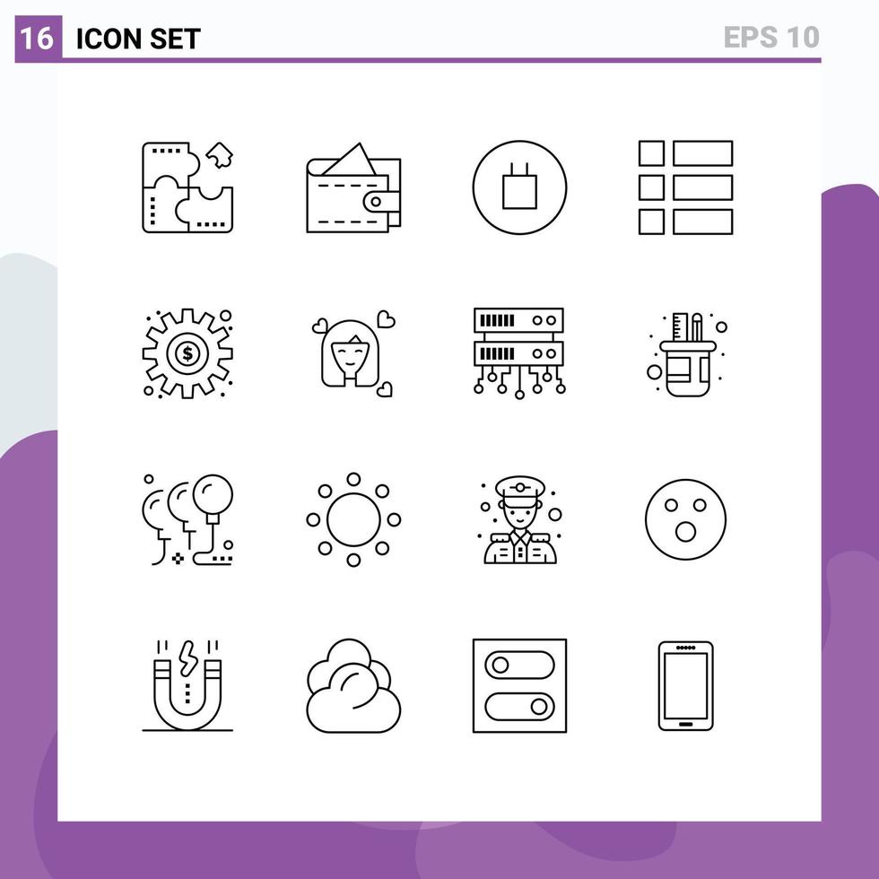 Universal Icon Symbols Group of 16 Modern Outlines of preference dollar ancient layout frame Editable Vector Design Elements