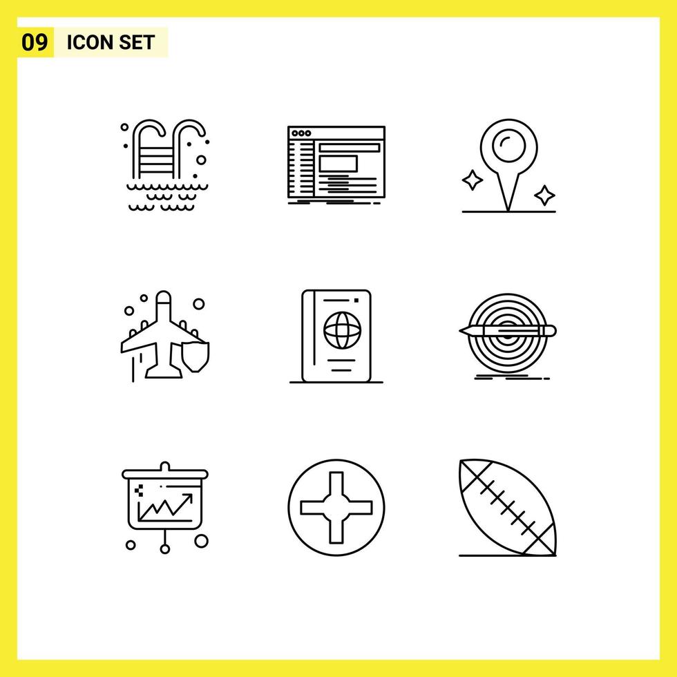 Editable Vector Line Pack of 9 Simple Outlines of summer holiday map protection insurance Editable Vector Design Elements