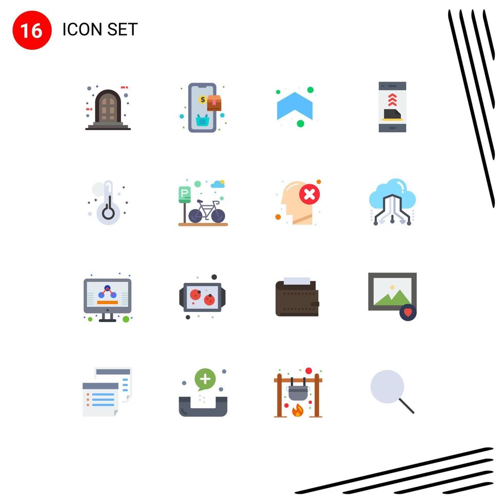 conjunto moderno de 16 colores planos y símbolos, como flechas de teléfono de temperatura, archivo de contacto, paquete editable de elementos de diseño de vectores creativos