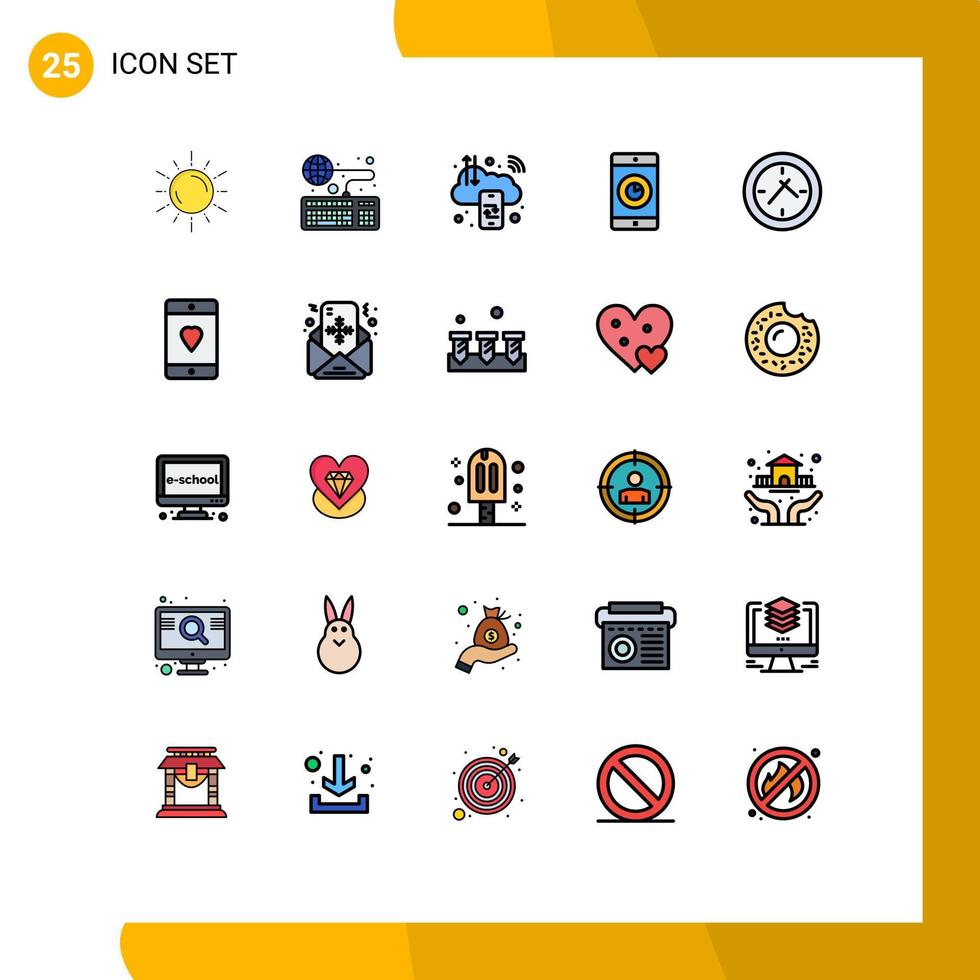 Set of 25 Vector Filled line Flat Colors on Grid for mobile application application online internet computing Editable Vector Design Elements