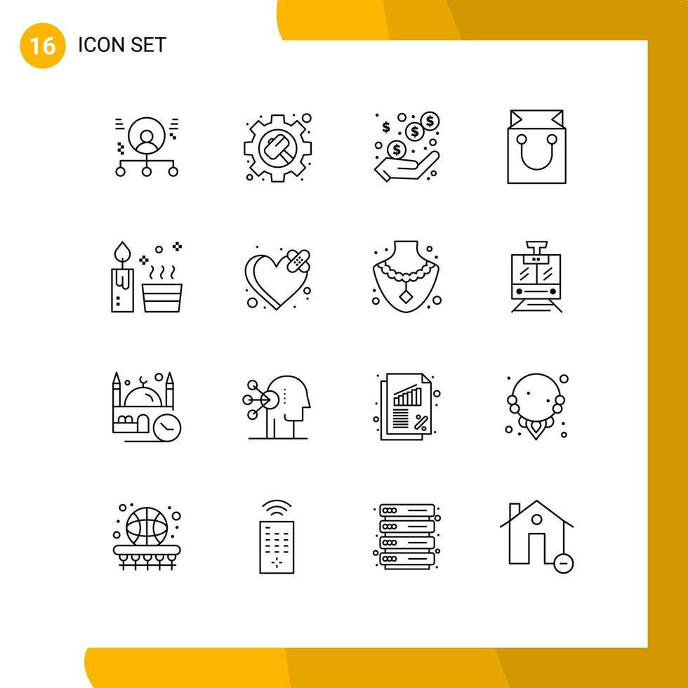paquete de 16 signos y símbolos de contornos modernos para medios de impresión web, como la configuración de venta de velas, ganancias de carritos, elementos de diseño de vectores editables