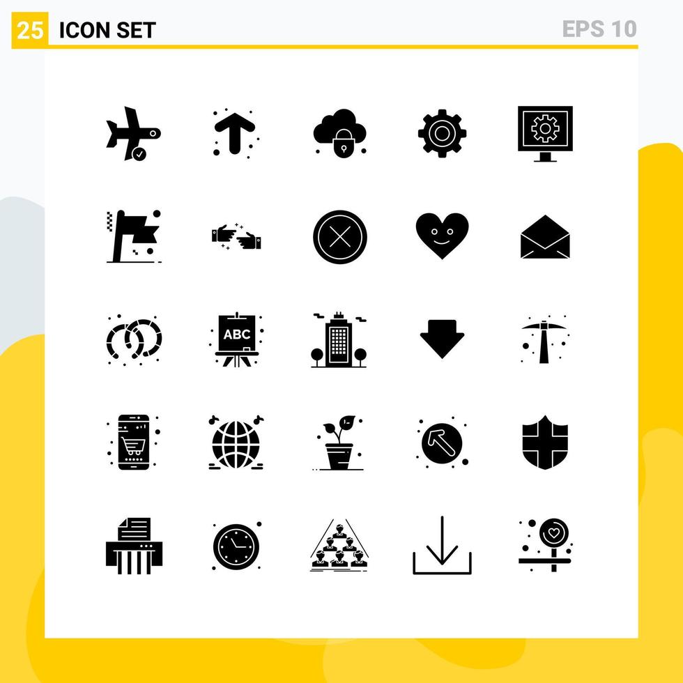 Group of 25 Modern Solid Glyphs Set for control gear direction general security Editable Vector Design Elements