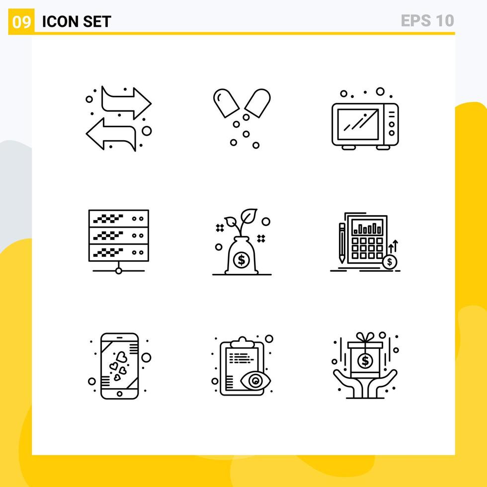 Set of 9 Commercial Outlines pack for investment budget food web network server Editable Vector Design Elements
