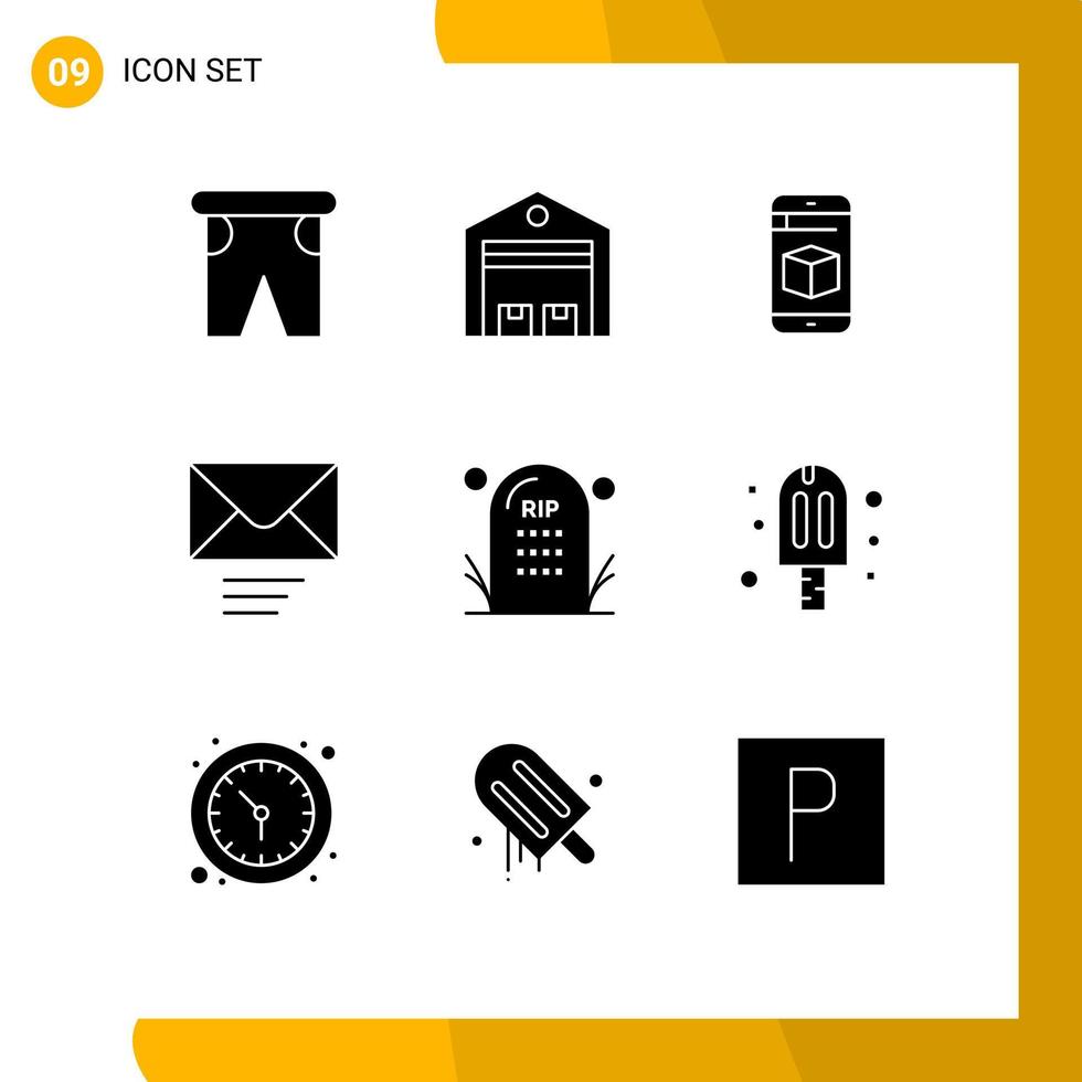 Universal Icon Symbols Group of 9 Modern Solid Glyphs of cemetery message store mail box Editable Vector Design Elements