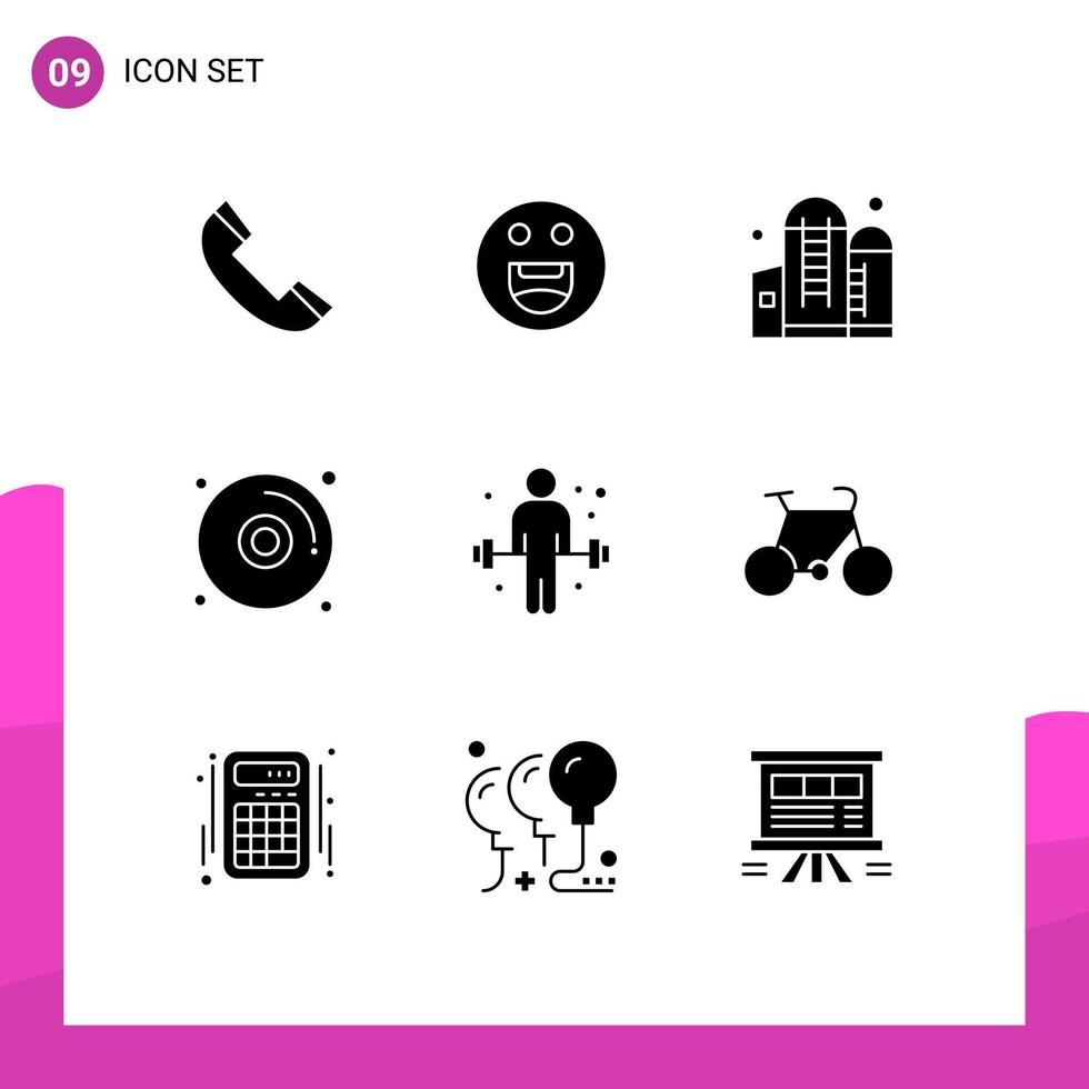 Group of 9 Modern Solid Glyphs Set for weightlifting exercise container dumbbell disk Editable Vector Design Elements