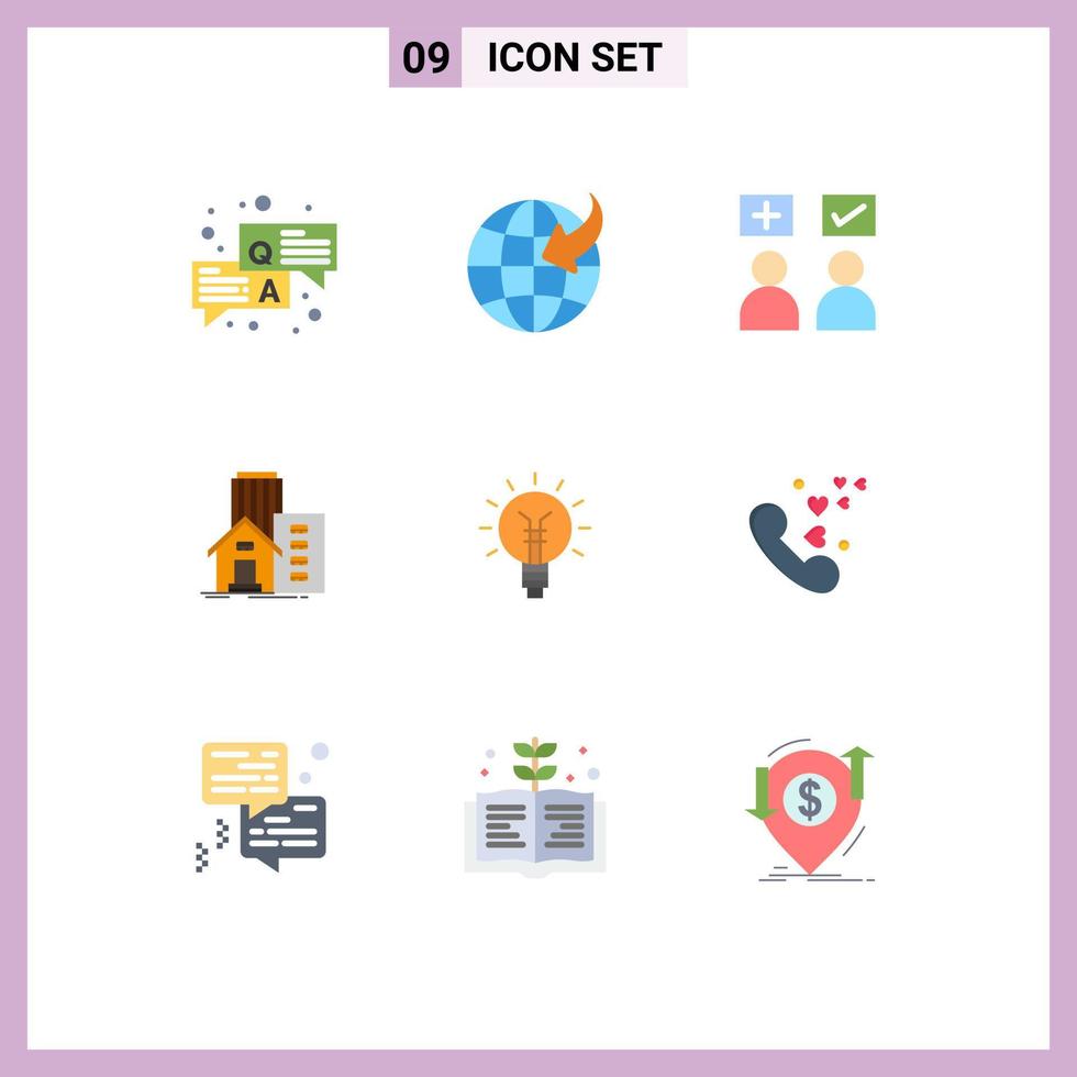 Group of 9 Modern Flat Colors Set for lightbulb appartment education real building Editable Vector Design Elements