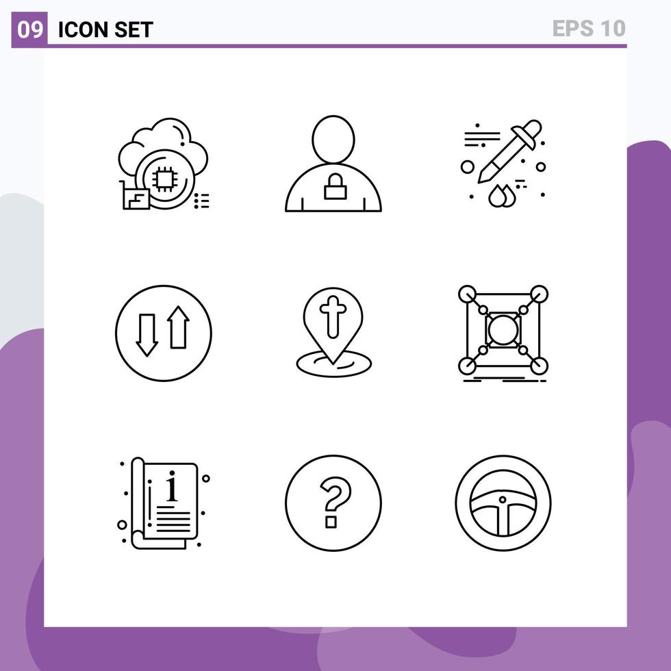 Pack of 9 Modern Outlines Signs and Symbols for Web Print Media such as map up padlock streaming arrows Editable Vector Design Elements