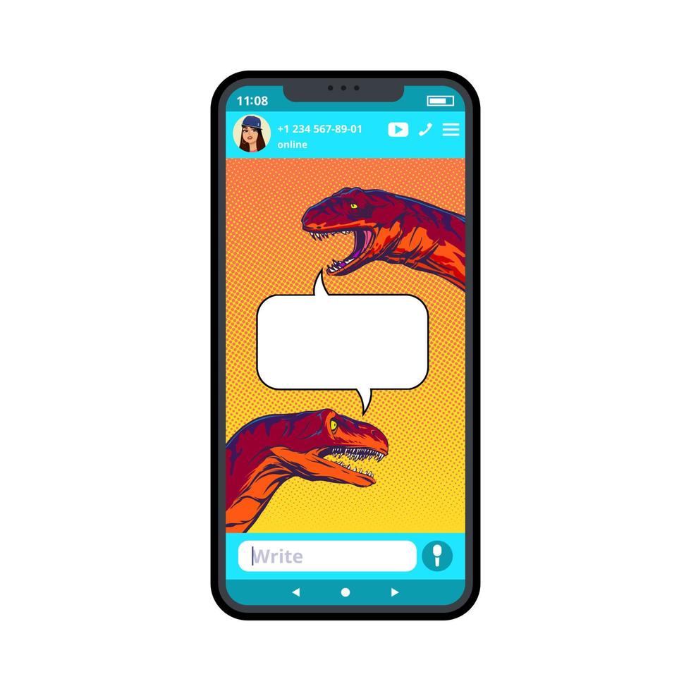 Humorous drawing of dinosaur dialogue on smartphone in pop art style .Vector illustration. vector