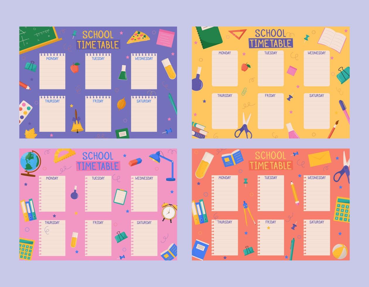 Set of cute childish school timetables, weekly classes schedule for kids with school supplies. Printable planner, diary for student. Stationery set for children. To Do List. vector
