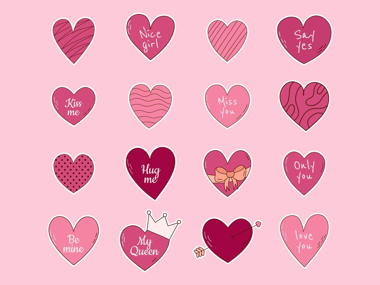 Hand drawn sticker set of hearts for Valentine day. Design elements for posters, greeting cards, banners and invitations. vector