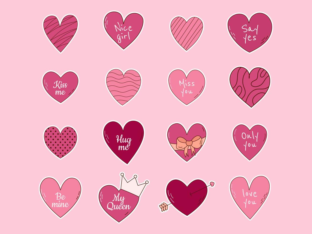 conjunto de pegatinas dibujadas a mano de corazones para el día de san valentín. elementos de diseño para carteles, tarjetas de felicitación, pancartas e invitaciones. vector