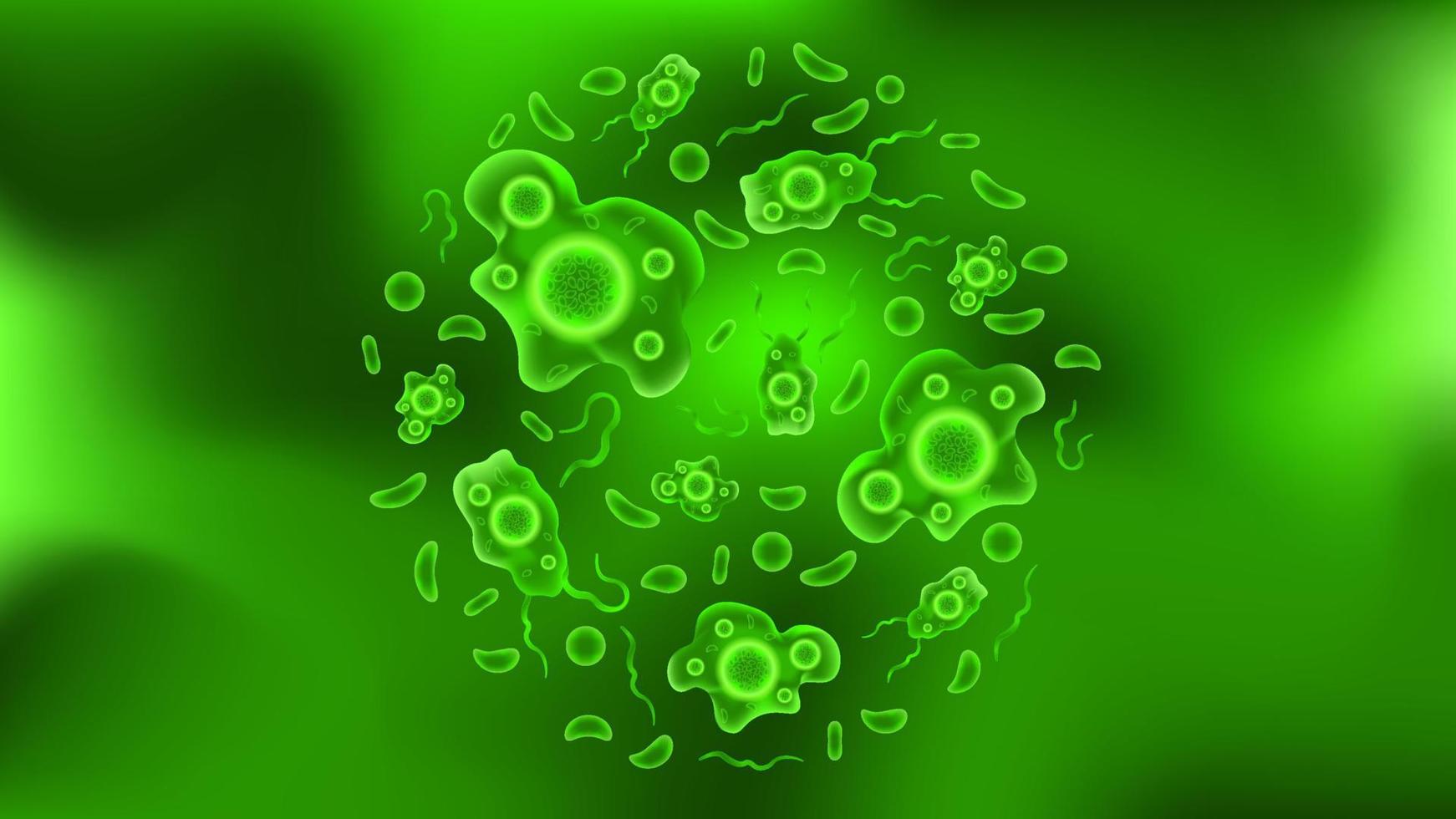 vector de fondo de ameba en color verde, virus bacteriano de microbiología del organismo, plantilla para presentación médica de enfermedades